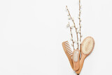 Hair brushes, comb and willow branches on color background