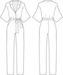 Pyjama Jumpsuit / Boiler suit. Drop-Shoulder, Kimono Sleeve and Self Belt Jumpsuit. technical fashion illustration. Flat apparel jumpsuit template front and back. mockup. 
