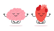 Happy Healthy Brain Mind And Heart Character Meditation Yoga Relax. Health Brain Mental Organ And Heart Sit In Lotus, Keep Calm. Vector Flat Illustration