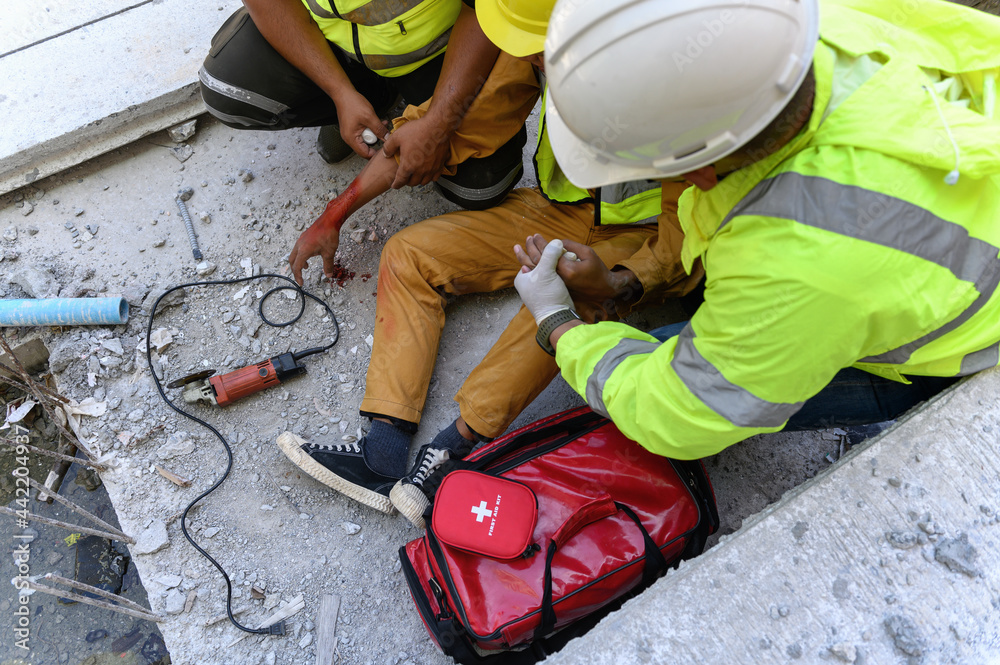 Hand of builder worker injury bleeding, accident in work, Using ...