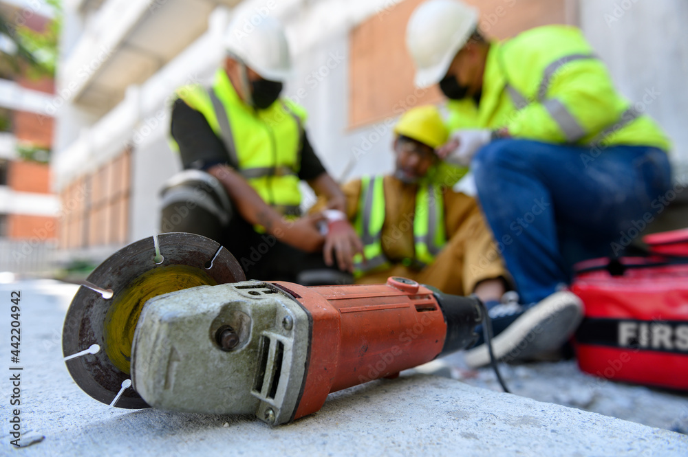Hand of builder worker injury bleeding, accident in work, Using ...