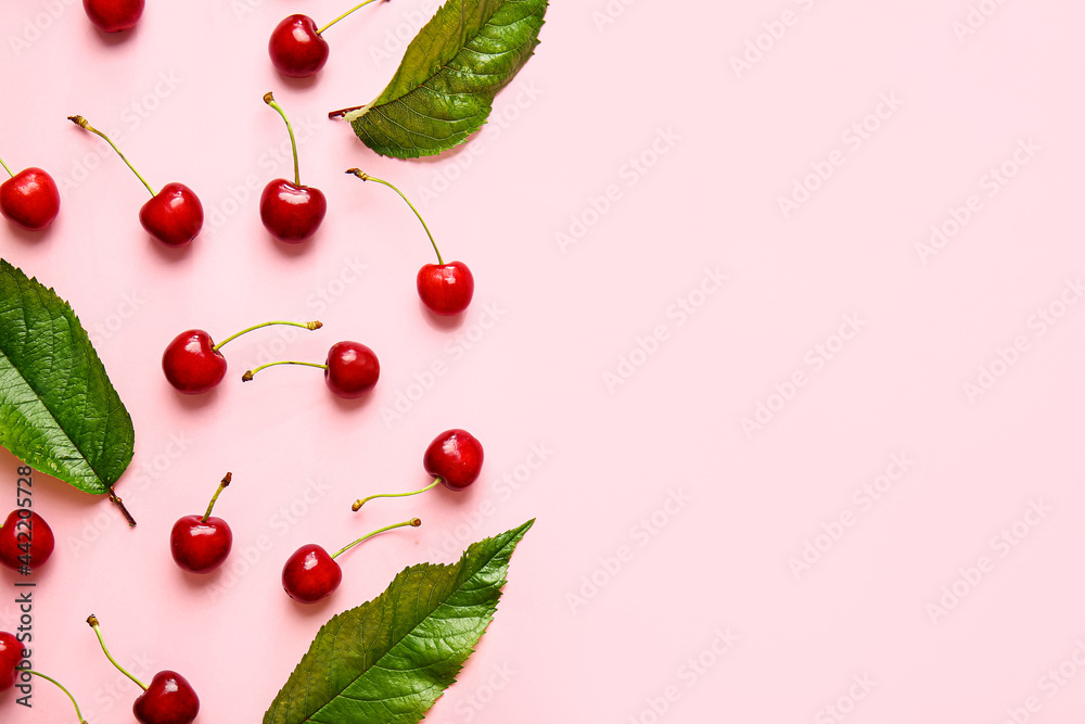 Tasty ripe cherry on color background - obrazy, fototapety, plakaty 
