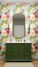 3d Powder Room Render With Sink Mirror And Flower Wallpaper