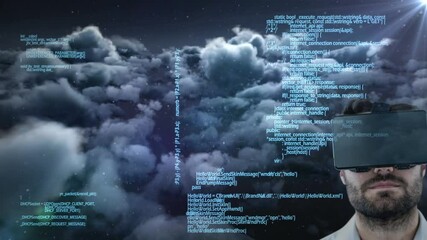 Poster - Animation of data processing over man wearing vr headset on sky with clouds