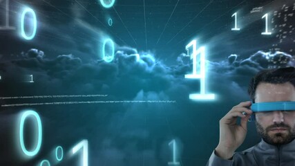 Poster - Animation of binary coding, man wearing vr headset against sky with clouds