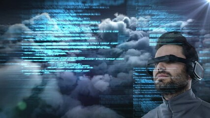 Poster - Animation of data processing over man wearing vr headset on sky with clouds