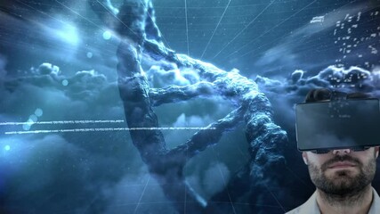 Poster - Animation of dna strand spinning, man wearing vr headset against sky with clouds