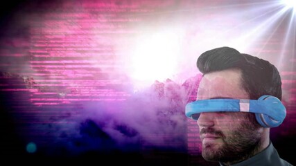 Poster - Animation of data processing over man wearing vr headset on sky with clouds