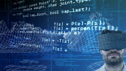 Poster - Animation of data processing over man wearing vr headset on sky with clouds