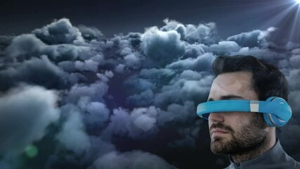 Poster - Animation of man wearing vr headset against sky with clouds