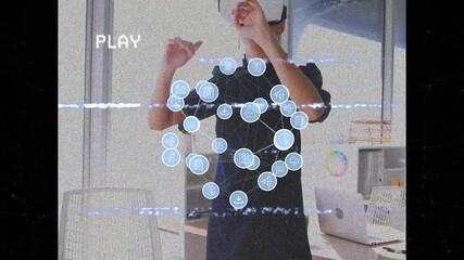 Poster - Animation of network of digital icons over businesswoman wearing vr headset