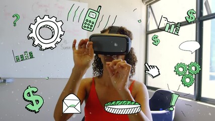 Sticker - Animation of network of digital icons over businesswoman wearing vr headset