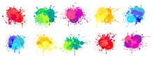 Paint Splatter. Colorful Spray Paints Splashes, Rainbow Colored Ink Stains, Drops, Blot. Abstract Grunge Color Painted Stains Vector Set. Bright Liquid Inkblots Mix Isolated On White