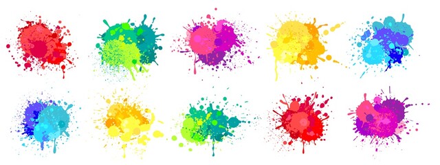 Poster - Paint splatter. Colorful spray paints splashes, rainbow colored ink stains, drops, blot. Abstract grunge color painted stains vector set. Bright liquid inkblots mix isolated on white