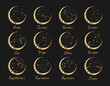 Set of 12 gold zodiac constellations with titles in wreath of moon and stars: Aries, Taurus, Gemini, Cancer, Leo, Virgo, Libra, Scorpio, Aquarius, Sagittarius, Capricorn, Pisces. Vector illustration