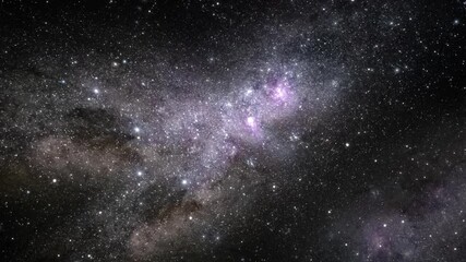 camera flying through the clouds and star field in outer space. animation of flying through glowing 