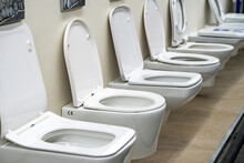 Lot Of White Toilets In Hardware Store, Plumbing Department