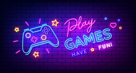 play games have fun neon sign with game pad, bright signboard, light banner. game logo neon, emblem.