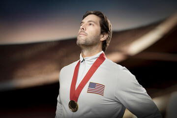 Wall Mural - American  male athlete smiling after winning a gold medal in a white background