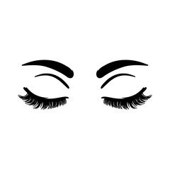 Wall Mural - Closed female eyes, eyelashes, and eyebrows. Long beautiful eyelashes on isolated white background. Makeup, mascara, fashion. Vector illustration. For the logo of a beauty salon, lash extensions maker