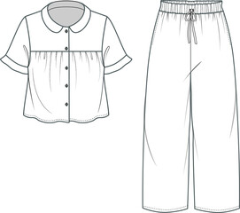 Sleepwear Pajama technical fashion illustration. Flat front and back, white color. 