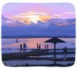Colorful raster landscape of lake Svityaz. People walking on evening beach. Digital drawing of beautiful sunset nature. Artistic illustration in oil painting style for postcard, print, sticker, decor.