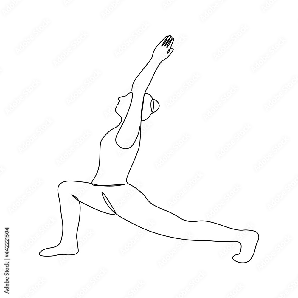 Yoga day. A female acrobat. Solid line. Vector illustration drawn with ...
