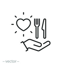 Donate Food Icon, Charity Hand With Meal, Service Charity Volunteer,  Share Eat Concept, Need Help Poor, Social Aid Collect And Delivery, Thin Line Symbol - Editable Stroke Vector Illustration Eps10
