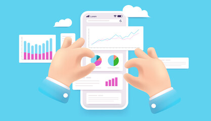 Poster - Business analytics - Hands analysing data, charts, graphs and diagrams on smartphone screen. Data visualisation concept. Vector illustration.