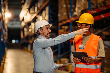 Wall Mural - Warehouse staff meeting, worker with manger