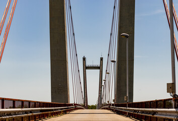 Suspension bridge over the Danube, with an extraordinary architecture, near the Portile de Fier 2 Hydropower Plant, on the island of Ostrovu Mare, Romania