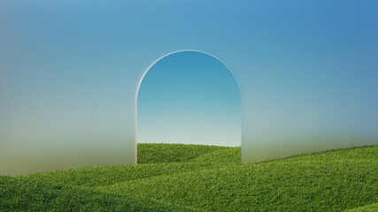 3d render, abstract panoramic background. minimal landscape with green hills and glass arch under th