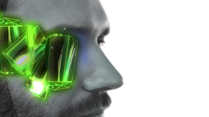 Poster - Animation of glowing green blocks over woman face isolated on white