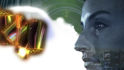 Poster - Animation of glowing gold blocks, scope and network of connections over woman face