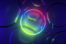 3d Render, Abstract Colorful Neon Background With Round Frame And Glass Balls. Glowing Geometric Shape And Clear Bubbles