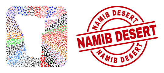 Sticker - Vector collage Namibia map of different symbols and Namib Desert seal stamp. Collage Namibia map designed as stencil from rounded square shape. Red round seal with Namib Desert tag.