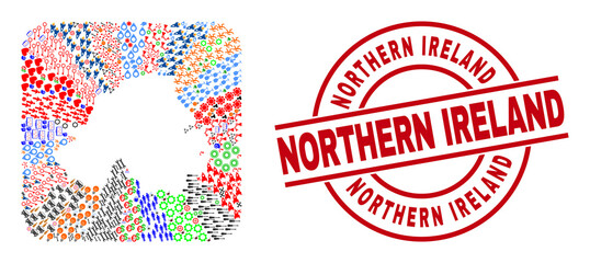 Sticker - Vector mosaic Northern Ireland map of different pictograms and Northern Ireland seal stamp. Mosaic Northern Ireland map designed as stencil from rounded square shape.