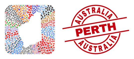 Sticker - Vector mosaic Western Australia map of different pictograms and Australia Perth seal. Mosaic Western Australia map created as stencil from rounded square. Red round badge with Australia Perth word.