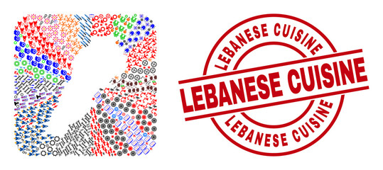 Wall Mural - Vector collage Lebanon map of different pictograms and Lebanese Cuisine seal stamp. Collage Lebanon map constructed as carved shape from rounded square shape.