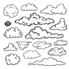 Poster - Hand drawn cloud set. Doodle sketch style cloud. Simple outline scribble draw. Vector illustration.