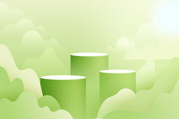Fototapete - 3d Paper cut abstract minimal geometric shape template background.Green cylinder podium on green nature landscape scene with mountains and clouds.Vector illustration.