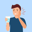 Man with sensitive teeth and hand holding glass of cold water in flat design. Dental problem concept vector illustration.