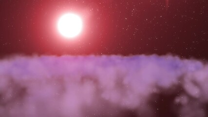 Wall Mural - video of flyby. camera moves towards a glowing heavenly objects seen at a distance while clouds flyb