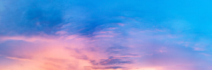 Dramatic panorama sky with cloud on sunrise and sunset time. Panoramic image.