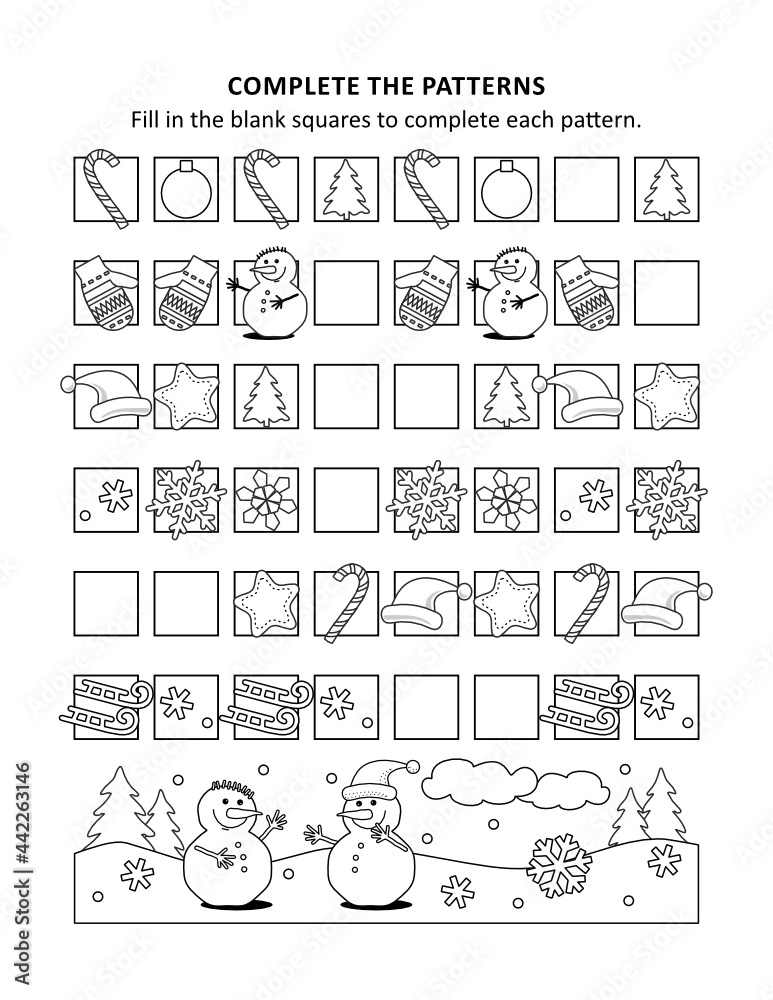 Winter holidays math worksheet with sequential patterns Stock Vector ...