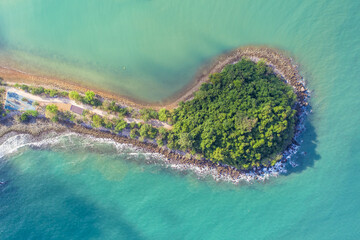 Laem Hua Mong-Kho Kwang Viewpoint in Chumphon Thailand, sea land drone aerial view with copy space and boats