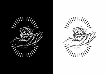 Wall Mural - Black and white line art of hand holding rose