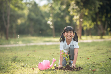 Closeup asian child girl planting a tree in green nature,two hands holding and caring,seedlings or tree growing into soil,world environment day,earth day,environment,ecology