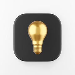 Poster - Golden realistic light bulb icon. 3d rendering black square key button, interface ui ux element.