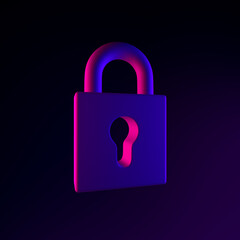 Closed padlock neon icon. 3d rendering ui ux interface element. Dark glowing symbol.